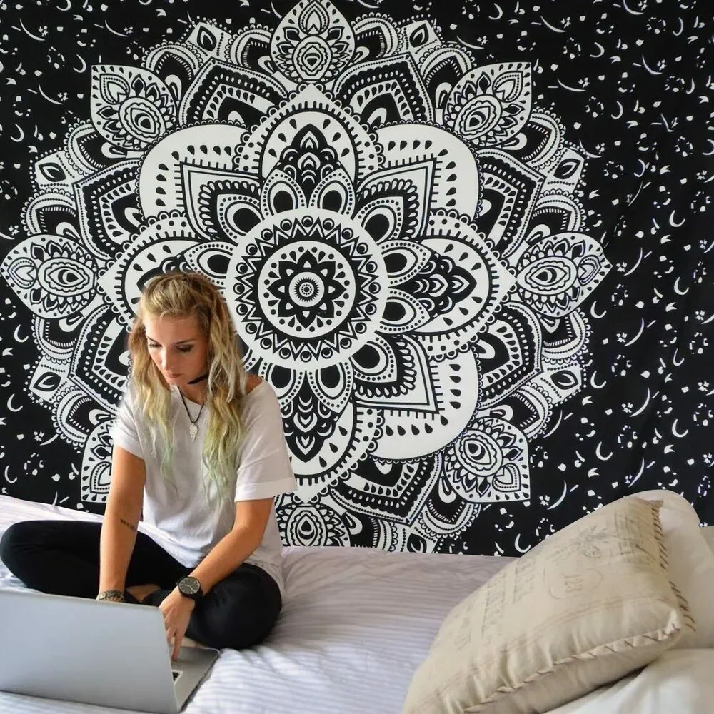 Mandala Tapestry Wall Hanging Black & Gray Wall Art Floral Decorative 51x59 Inch